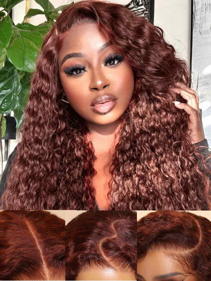 Dark Reddish Brown Fluffy Deep Wave Glueless 5x5 Closure Lace Wig