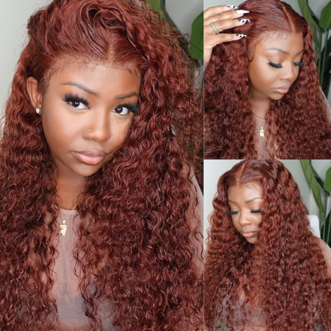 Dark Reddish Brown Fluffy Deep Wave Glueless 5x5 Closure Lace Wig