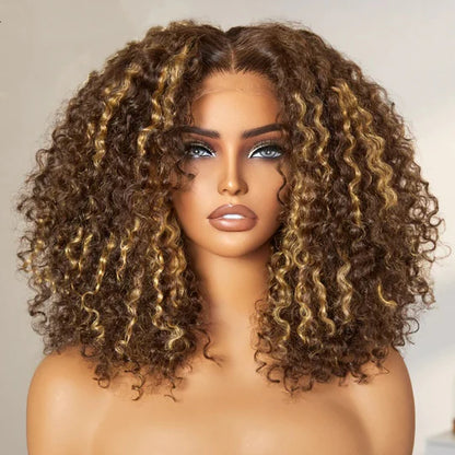 Honey Blonde Highlight Kinky Curly Glueless 5x5 Closure HD Lace Wig Breathable Cap