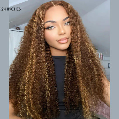 Honey Blonde Highlight Kinky Curly Glueless 5x5 Closure HD Lace Wig Breathable Cap