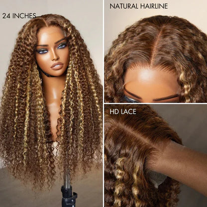 Honey Blonde Highlight Kinky Curly Glueless 5x5 Closure HD Lace Wig Breathable Cap