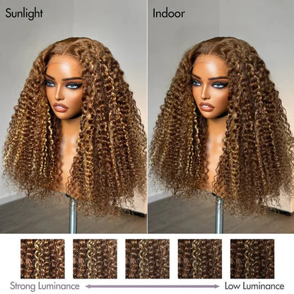 Honey Blonde Highlight Kinky Curly Glueless 5x5 Closure HD Lace Wig Breathable Cap